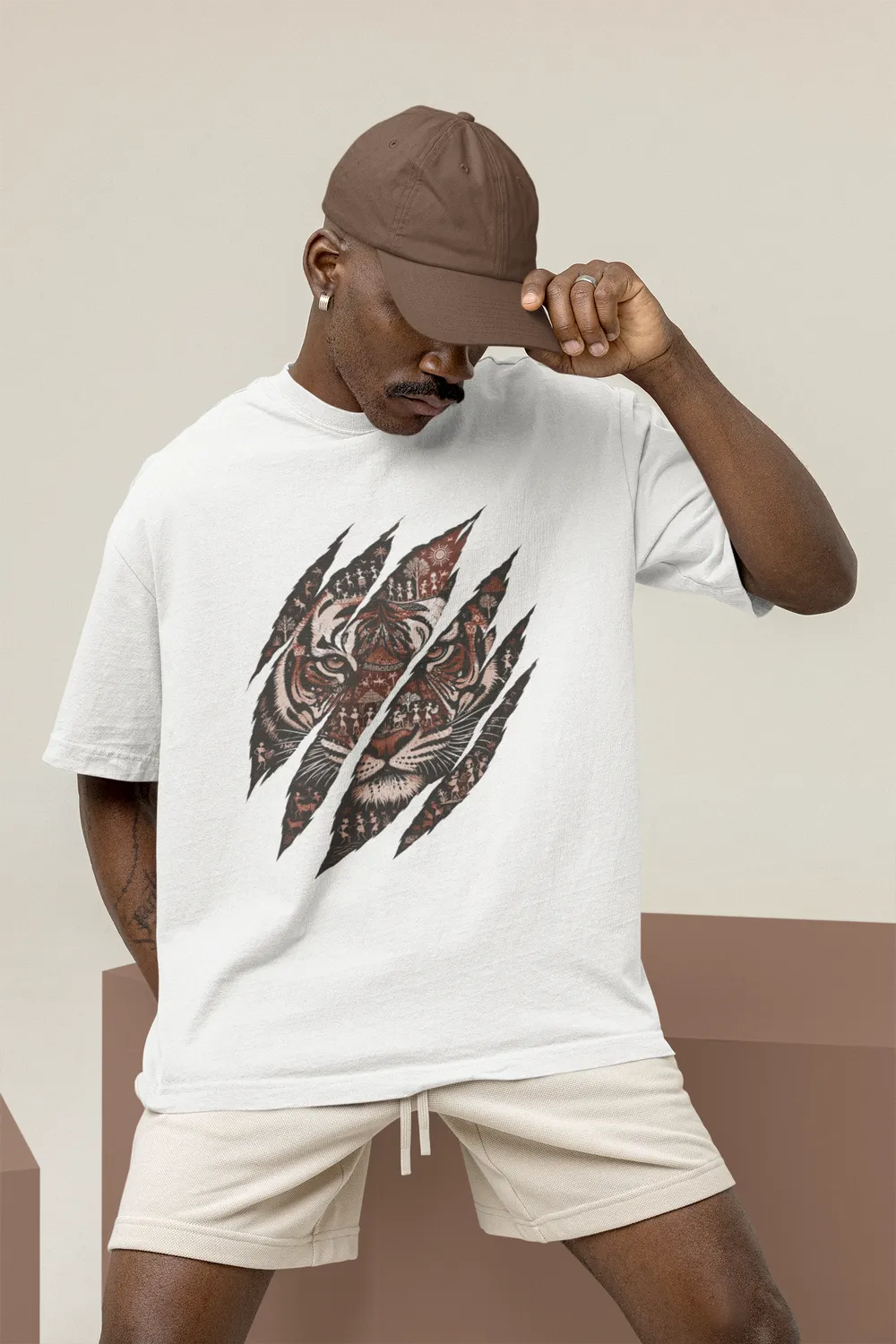 Tiger Claw Warli Art Unisex Oversized T-Shirt