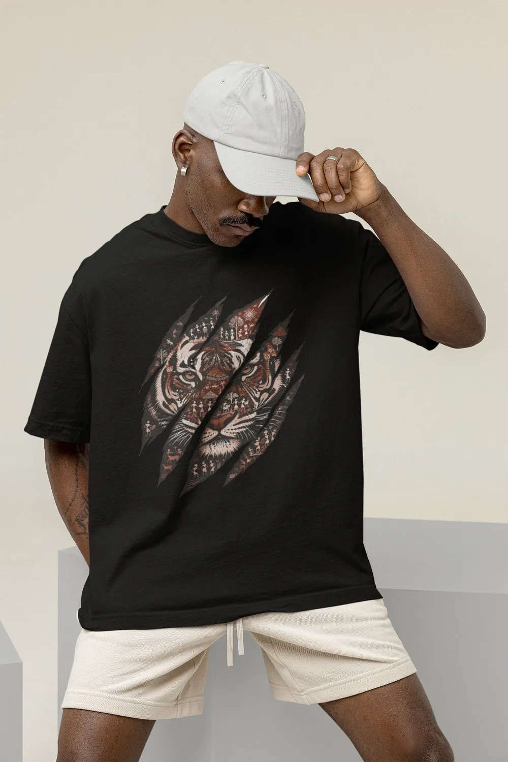 Tiger Claw Warli Art Unisex Oversized T-Shirt