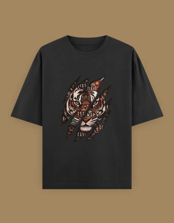 Tiger Claw Warli Art Unisex Oversized T-Shirt 2