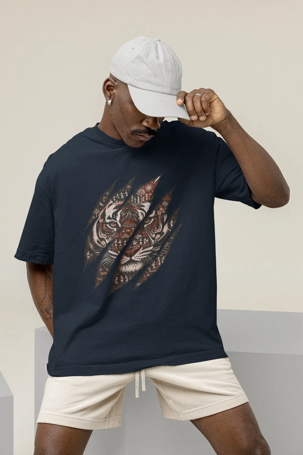 Tiger Claw Warli Art Unisex Oversized T-Shirt