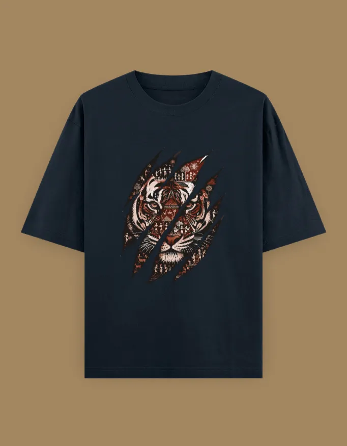 Tiger Claw Warli Art Unisex Oversized T-Shirt 2