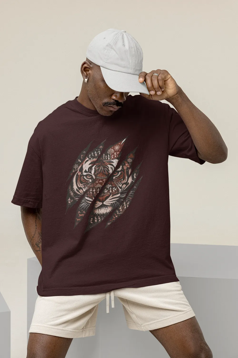 Tiger Claw Warli Art Unisex Oversized T-Shirt 1