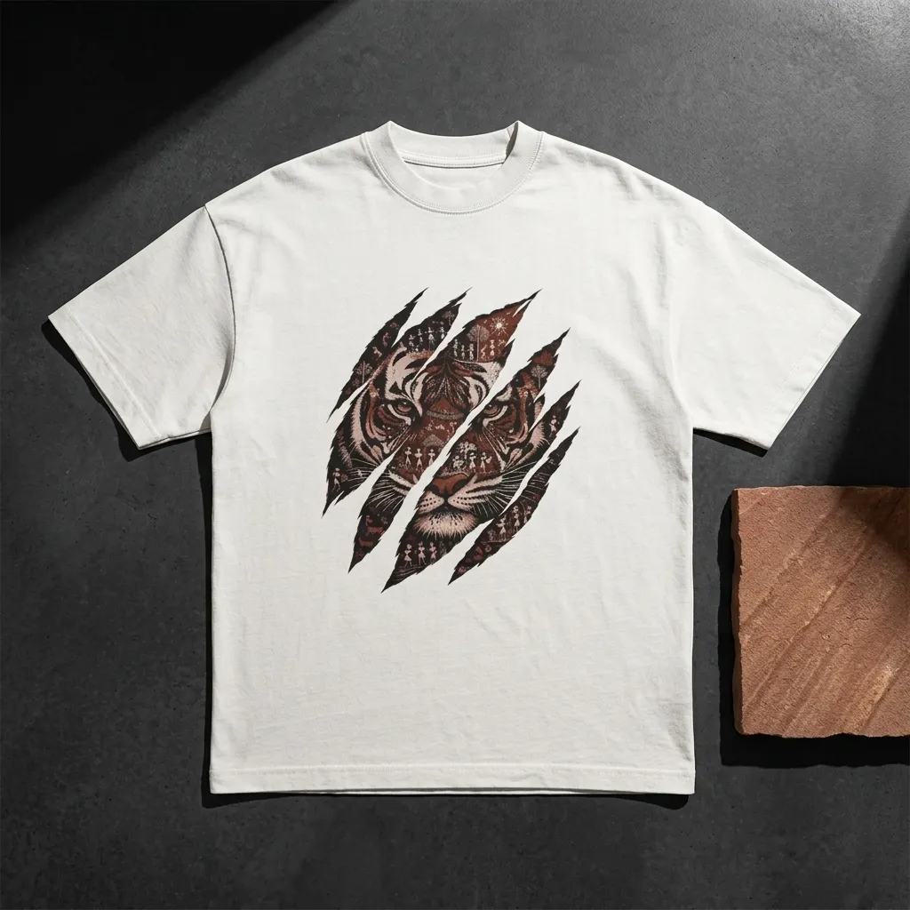 Tiger Claw Warli Art Unisex Oversized T-Shirt